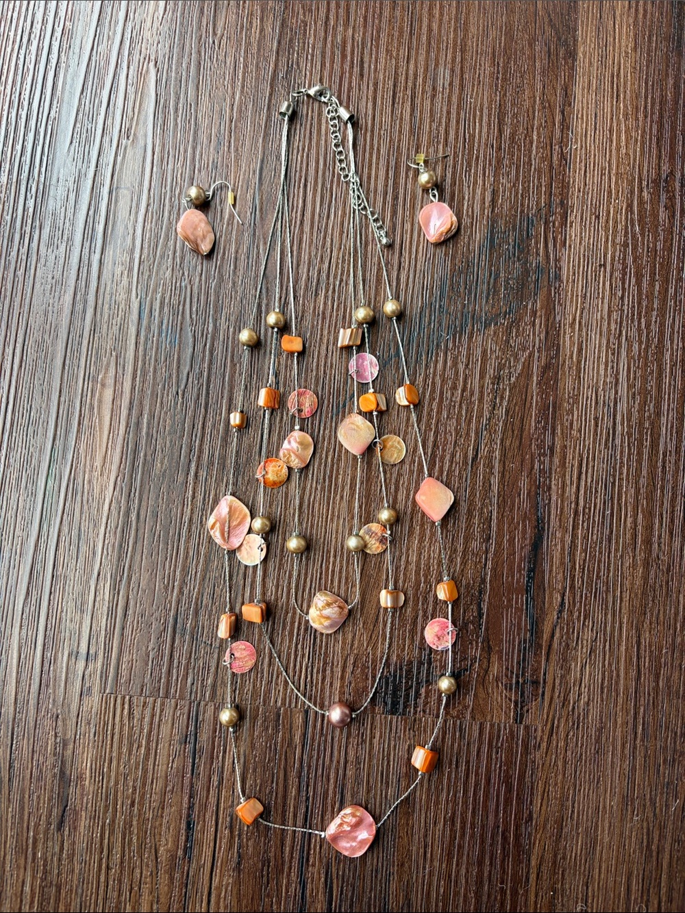 Pink brown Shell 3 strand Necklace and Earrings Set 18-22”